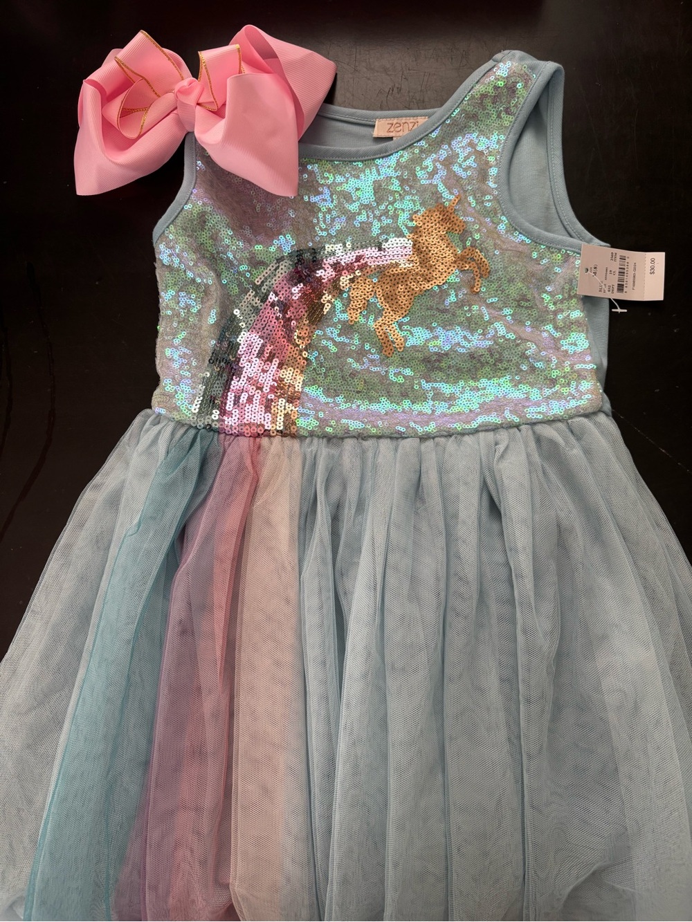 Girls' Light Blue Sequin Unicorn Rainbow Tulle Dress